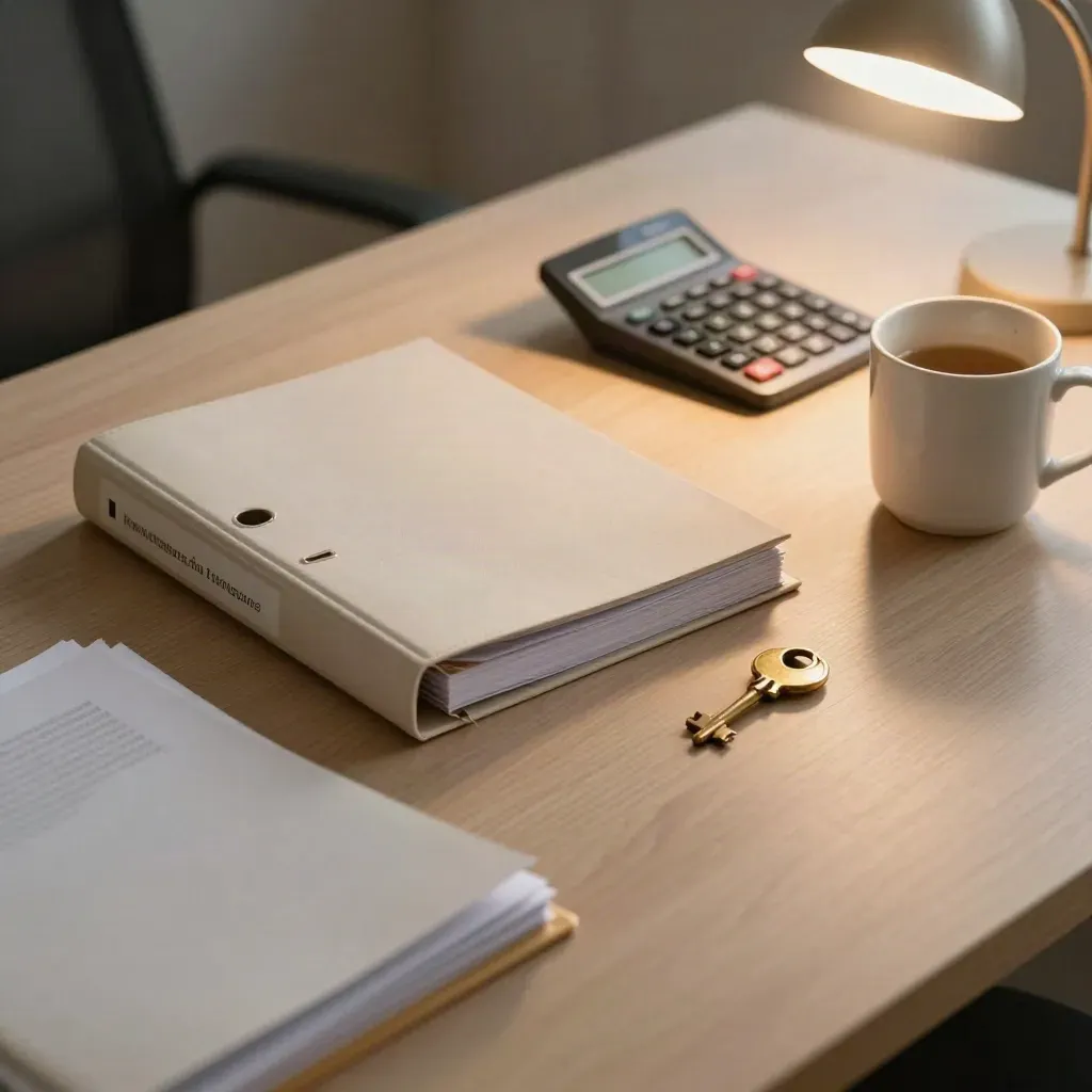 Tidy mortgage review desk with binder, calculator, brass key and mug on pale wood