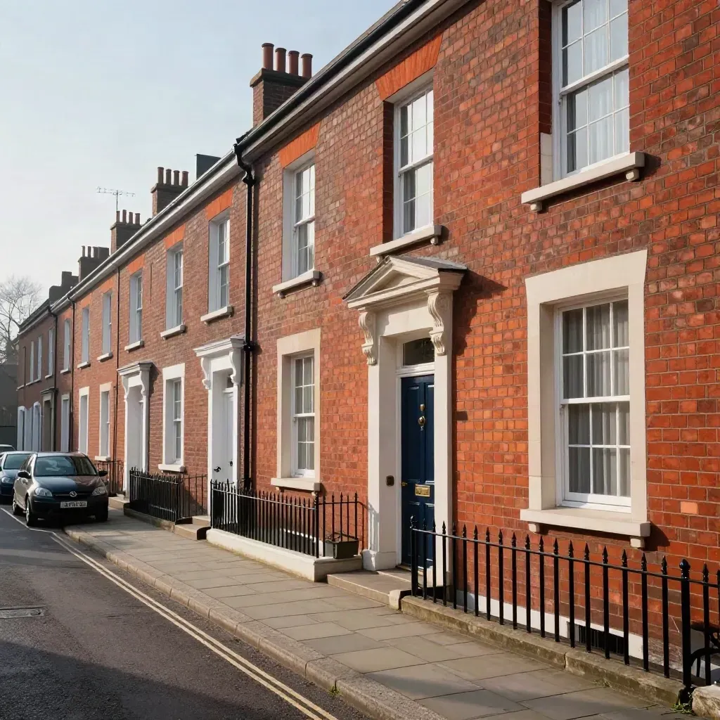 UK terrace row with one refurbished entrance on a quiet winter street