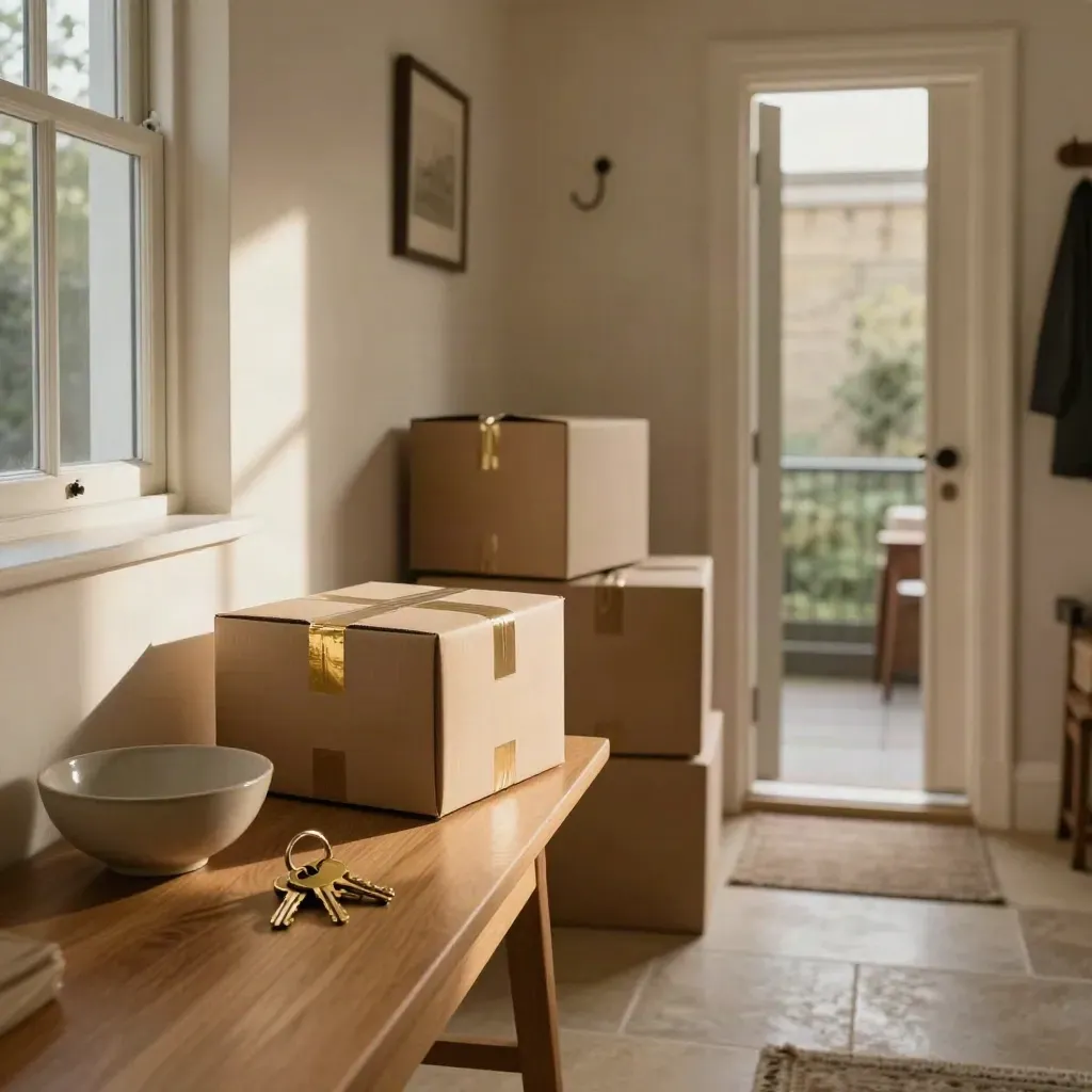 Hallway table with brass keys, sealed moving boxes and a ceramic bowl by a front door.