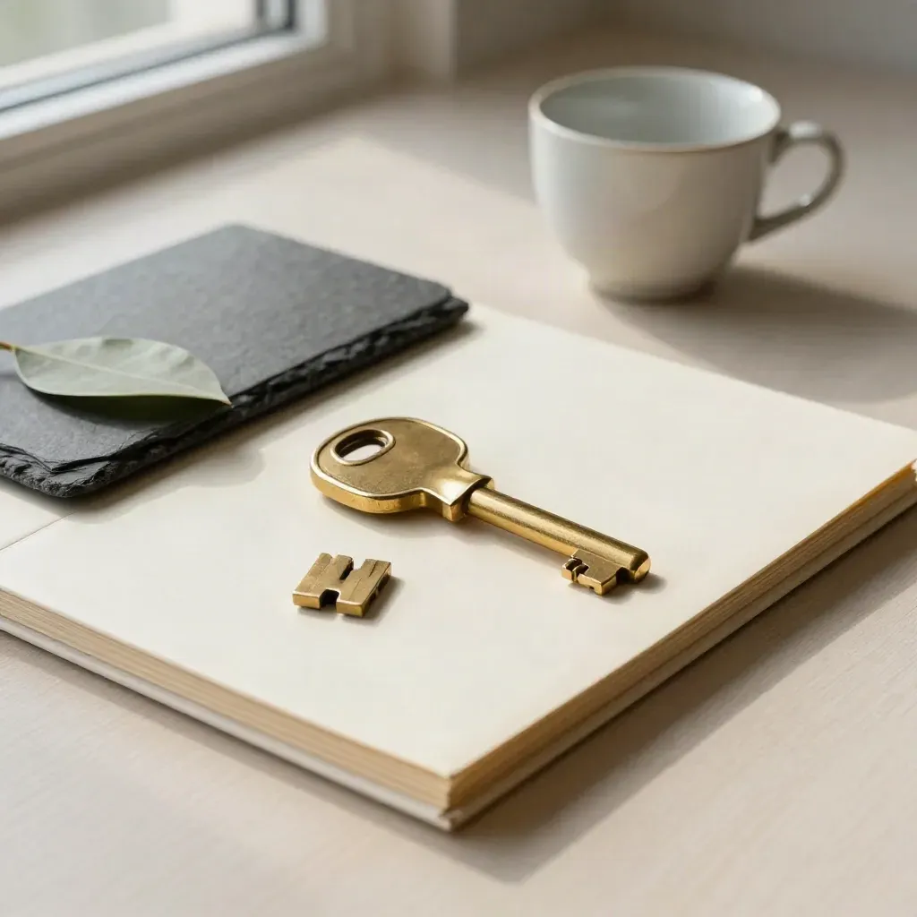 House key on cream finance folder with paperweight, leaf and cup on pale wood.